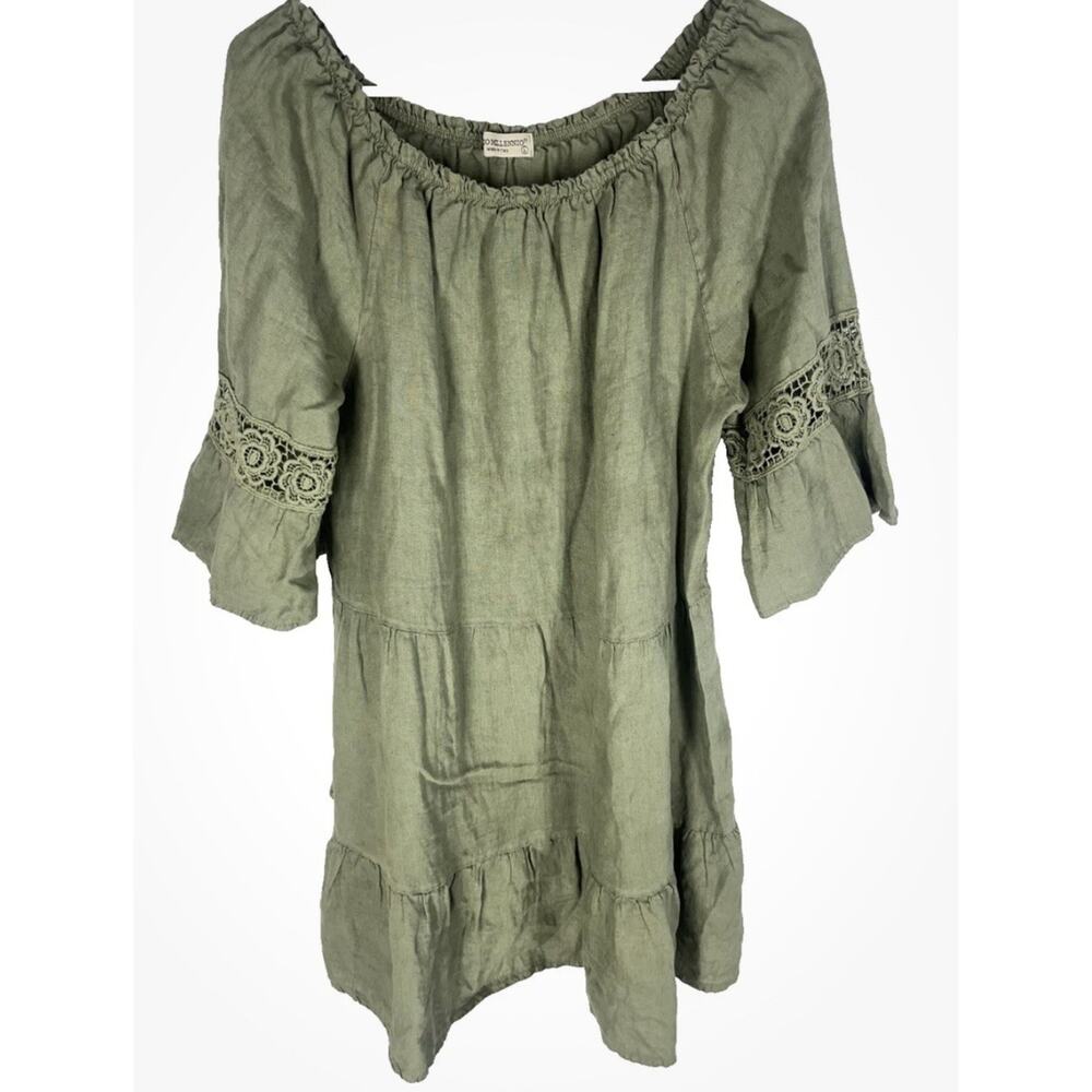 Terzo Millennio Off The Shoulder Tiered Linen Dress Size Large Boho Lagenlook